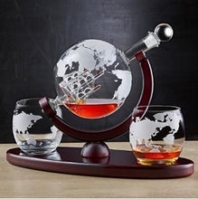 Load image into Gallery viewer, Whiskey Globe Decanter Set with Etched World Map and Antique Ship - Wooden Base and Safe Package - Perfect Gift Set for Liquor, Scotch, Bourbon, Vodka and Wine