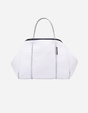 Load image into Gallery viewer, Escape neoprene tote bag in white with blended sailing rope handles