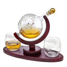 Load image into Gallery viewer, Whiskey Globe Decanter Set with Etched World Map and Antique Ship - Wooden Base and Safe Package - Perfect Gift Set for Liquor, Scotch, Bourbon, Vodka and Wine
