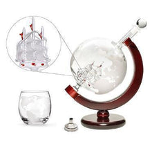 Load image into Gallery viewer, Whiskey Globe Decanter Set with Etched World Map and Antique Ship - Wooden Base and Safe Package - Perfect Gift Set for Liquor, Scotch, Bourbon, Vodka and Wine
